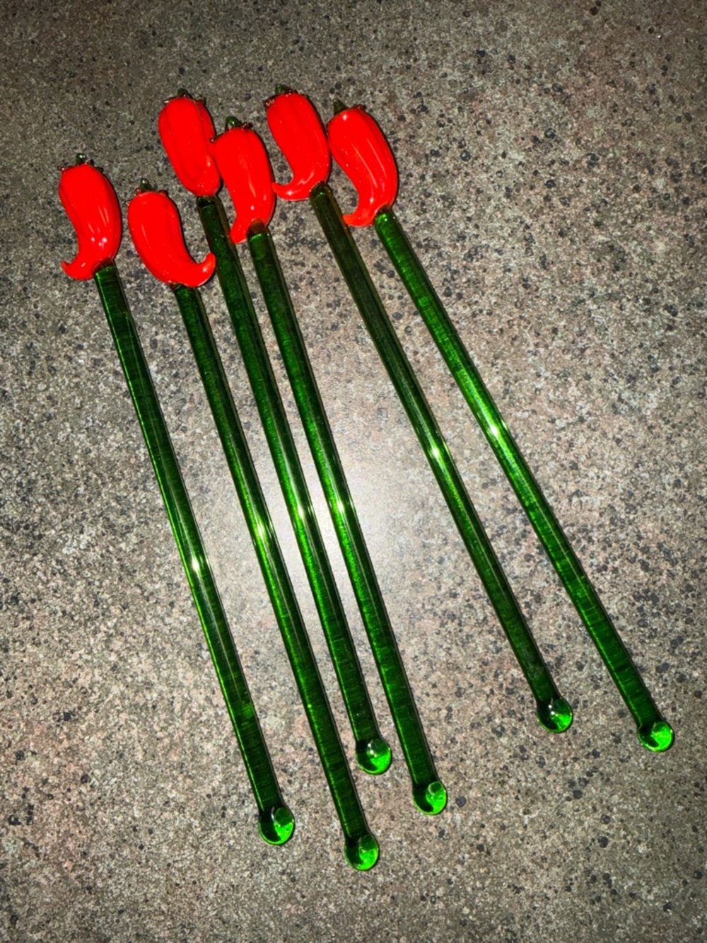 Red Chili Head Green hand blown glass Stem Cocktail Stirrers - Party Picks 8”
